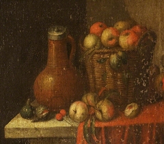 Still Life of Earthenware Jug and Basket of Apples by attributed to Jacques Linard