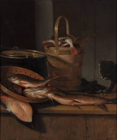 Still life with fish and a cat by Wallerant Vaillant