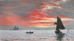 Sunset over the Sea with Numerous Ships by Vilhelm Arnesen