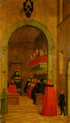 Szene aus dem Leben des Hl. Vinzenz Ferrer: Der Heilige legt in Avignon in Gegenwart des Papstes und der Kardinäle das Wort aus by Agnolo degli Erri