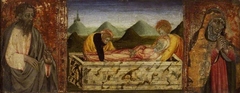 The Entombment of the Virgin; (left) St Bartholomew; (right) A female Saint by Giovanni di Paolo