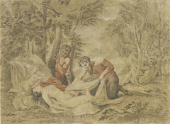 Twee saters bespieden een slapende nimf by Nicolas Poussin