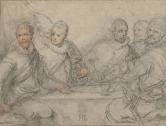 Vijf officieren, studie voor een schuttersmaaltijd. by Hendrick Goltzius