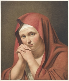 Vrouw in het rood, met gevouwen handen by Cornelis Kruseman