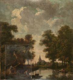 Wall decor with landscape from Nieuwe Doelenstraat 22 (church spire) by Jurriaen Andriessen