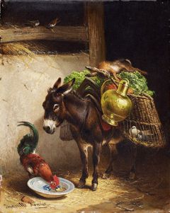 A donkey packed with goods and a rooster, in a stable by Henriëtte Ronner