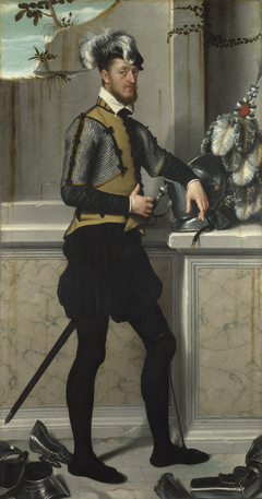 A Knight with his Jousting Helmet (Count Faustino Avogardo (?)) by Giovanni Battista Moroni