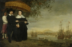 A Senior Merchant of the Dutch East India Company, presumably Jacob Mathieusen, and his Wife; in the background the Fleet in the Roads of Batavia. by Aelbert Cuyp