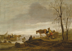 A winter landscape with figures on a frozen river by Isaac van Ostade