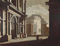 Architectural capriccio with figures by Niccolò Codazzi