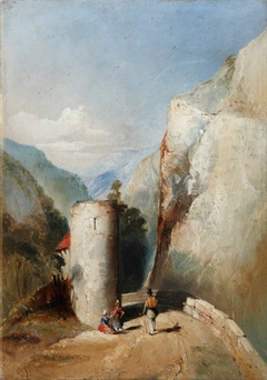 Castle Turret in Mountainous Terrain with Three Figures in the foreground by possibly Swiss School