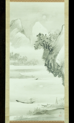 Chinese-style Landscape with Man Fishing from a Boat by Moonlight [right of a triptych] by Kawanabe Kyōsai