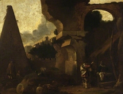 Classical ruins with figures by Sébastien Bourdon