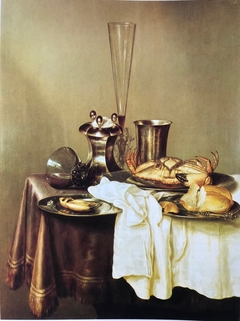 Crab still life with wine glass, salt cellar and silver chalice by Gerret Willemsz Heda