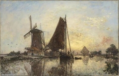 En Hollande, les barques près du moulin by Johan Jongkind