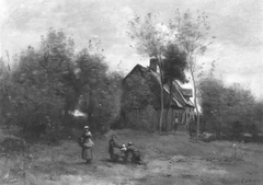 Farmyard at Sin, near Douai, with Children at Play by Jean-Baptiste-Camille Corot