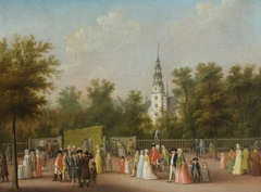 Figures promenading in front of Rosenborg Castle, Denmark by possibly Christian August Lorentzen