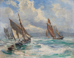 Fishing boats in stormy weather by Holger Drachmann