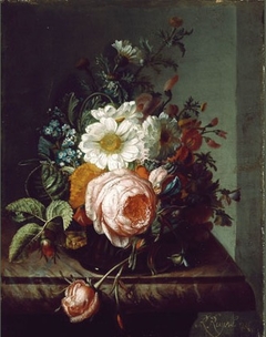 Flower bouquet on a marble table by Rachel Ruysch