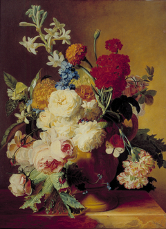 Flowers in a vase on a marble slab by Jan van Huysum