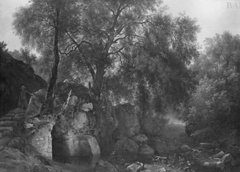 forest-landscape with a monk at a fountain by Abraham Teerlink