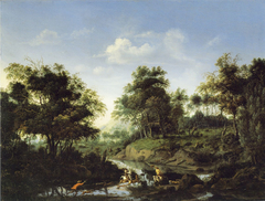 Forest Landscape with Deer Hunt by Jan van der Heyden