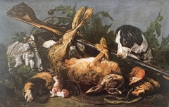 Game still life in a landscape with dog by Jan Fyt