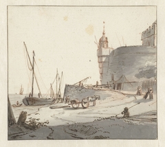 Gezicht op een haven bij een stadsmuur by Willem Schellinks