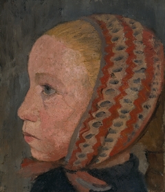 Girl's head with a striped cap in profile to the left by Paula Modersohn-Becker