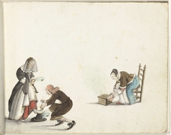 Heer strikt de schoen van een dame en een vrouw doet vuur in een stoof by Gesina ter Borch