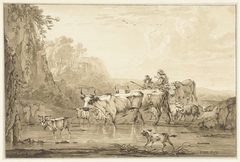 Herder en herderin met runderen en schapen bij een poel by Jacob van Strij