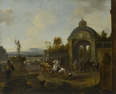 Hunting party at a fountain by Pieter Wouwerman