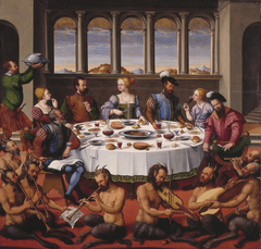 Interieur met gezelschap aan tafel en musicerende saters by Girolamo da Santacroce