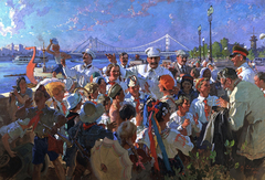 J. Staline et les membres du Politburo du Comité central du Parti communiste d'URSS au milieu d'enfants au Parc Gorki by Vasily Svarog