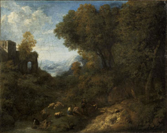 Landscape with a ruin - shepherds and herds at the creek by Cornelis Huysmans