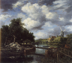 Landscape with a Windmill near a Town Moat by Jacob van Ruisdael