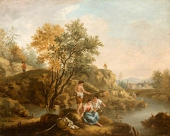 Landscape with Figures in the foreground and a Man Fishing by Anonymous