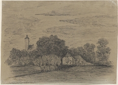 Landschap met boerderij en toren by Unknown Artist