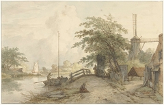 Landschap met bruggetje en huis aan weg langs een water by Jan Hulswit