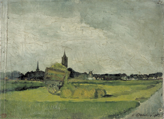 Landschap met hooikar, kerktorens en molen by Theo van Doesburg