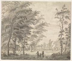 Landschap met huizen onder hoge bomen by Gerrit Hendrik Gobell