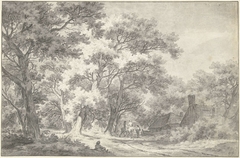 Landschap met ruiters en figuren bij een boerderij in het bos by Franciscus Andreas Milatz