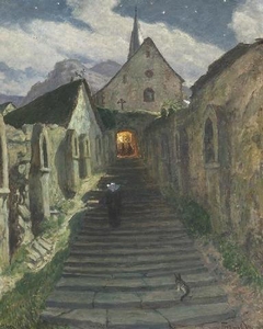 Mondschein in Alken an der Mosel. Nächtlicher Treppenaufgang zur Michaeliskapelle. by Fritz von Wille