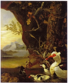 Mountainous landscape with ducks by Adriaen Coorte