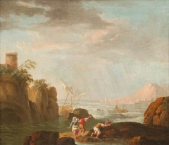 Peasants on a Rocky Shore with a Shipwreck in the background by French School