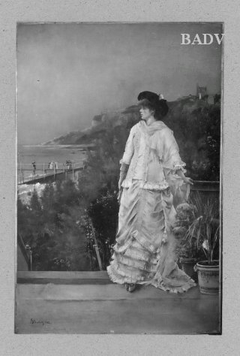 Portrait de femme en pied sur une terrasse au bord de la mer by Alfred Stevens