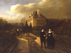 Portrait of Johan Cornelisz. Vijgeboom with his wife Anneke Joosten Boogaart in the garden of their country house in Dubbeldam by Samuel van Hoogstraten