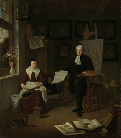 Portrait of Michiel Comans (d. 1687), calligrapher, etcher, painter and schoolmaster, with his third wife Elisabeth van der Mersche by Michiel van Musscher