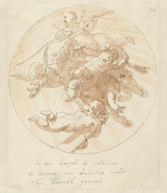 Putti voeren de wapens van Hercules ten hemel by Mattheus Terwesten