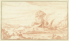 Rivierlandschap met herders, vee en vissers by Jacob Symonsz Pynas